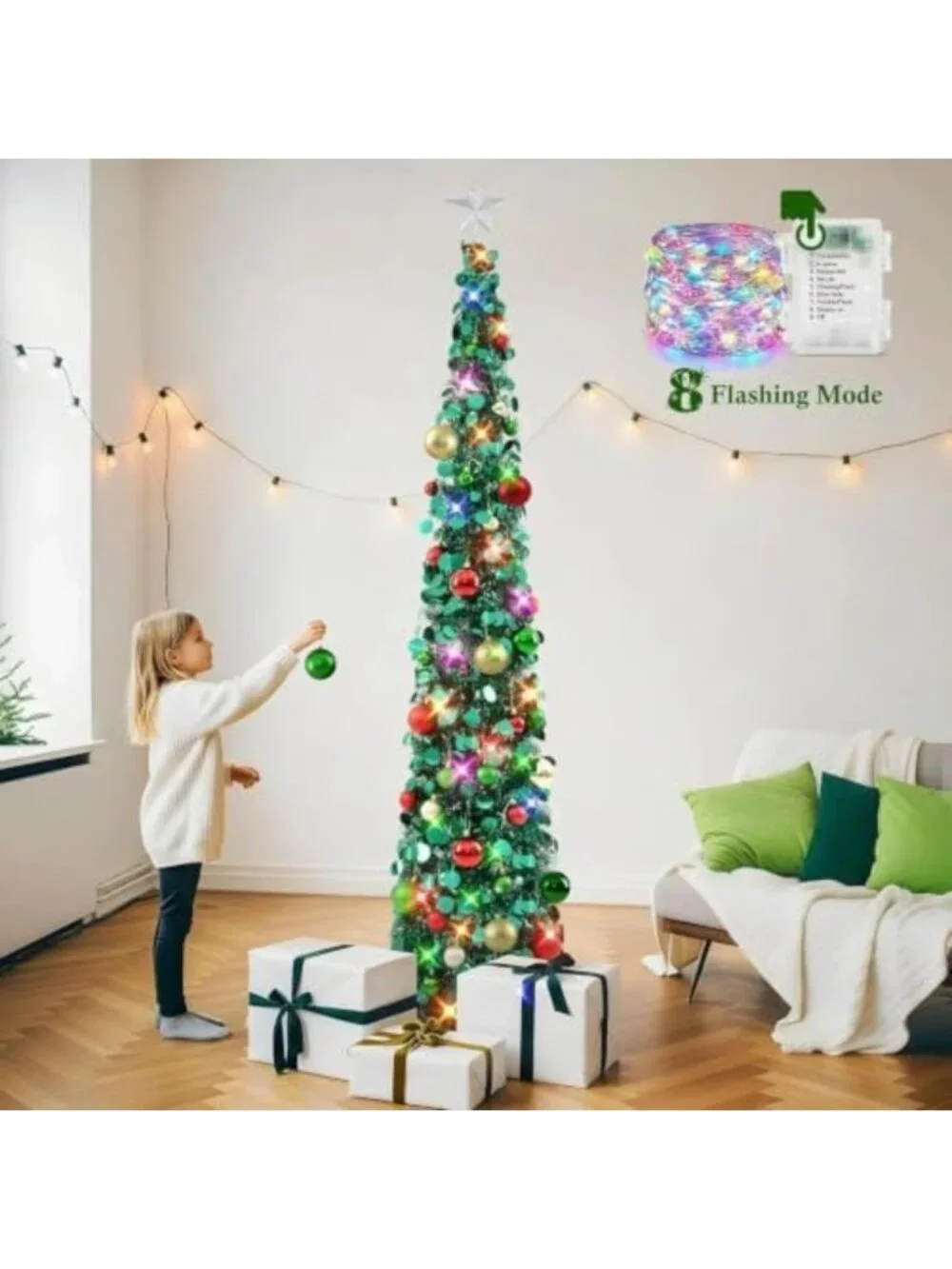 6Ft Pop Up Christmas Tree with Lights & 40 Ornaments - Collapsible Tinsel